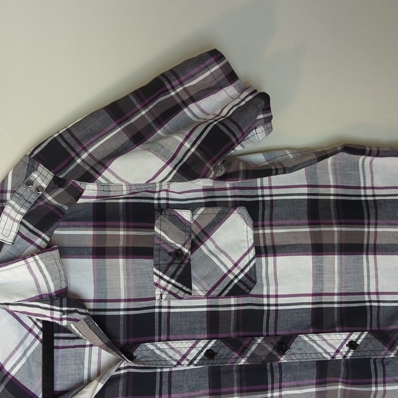 Burnside Purple & Black Plaid Button Short Sleeve Shirt L - Picture 4 of 5